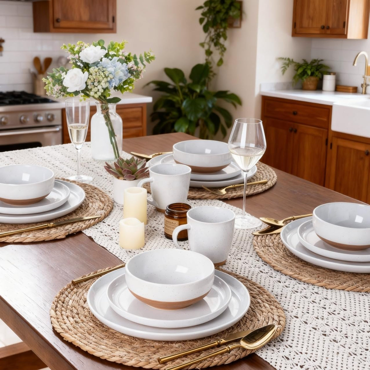 AmorArc Ceramic Dinnerware Sets for 8, 24 Pieces Handpainted Plates and Bowls Set with Rustic Terracotta Underside, Scratch Resistant Stoneware Dishes Set, Dishwasher & Microwave Safe, White