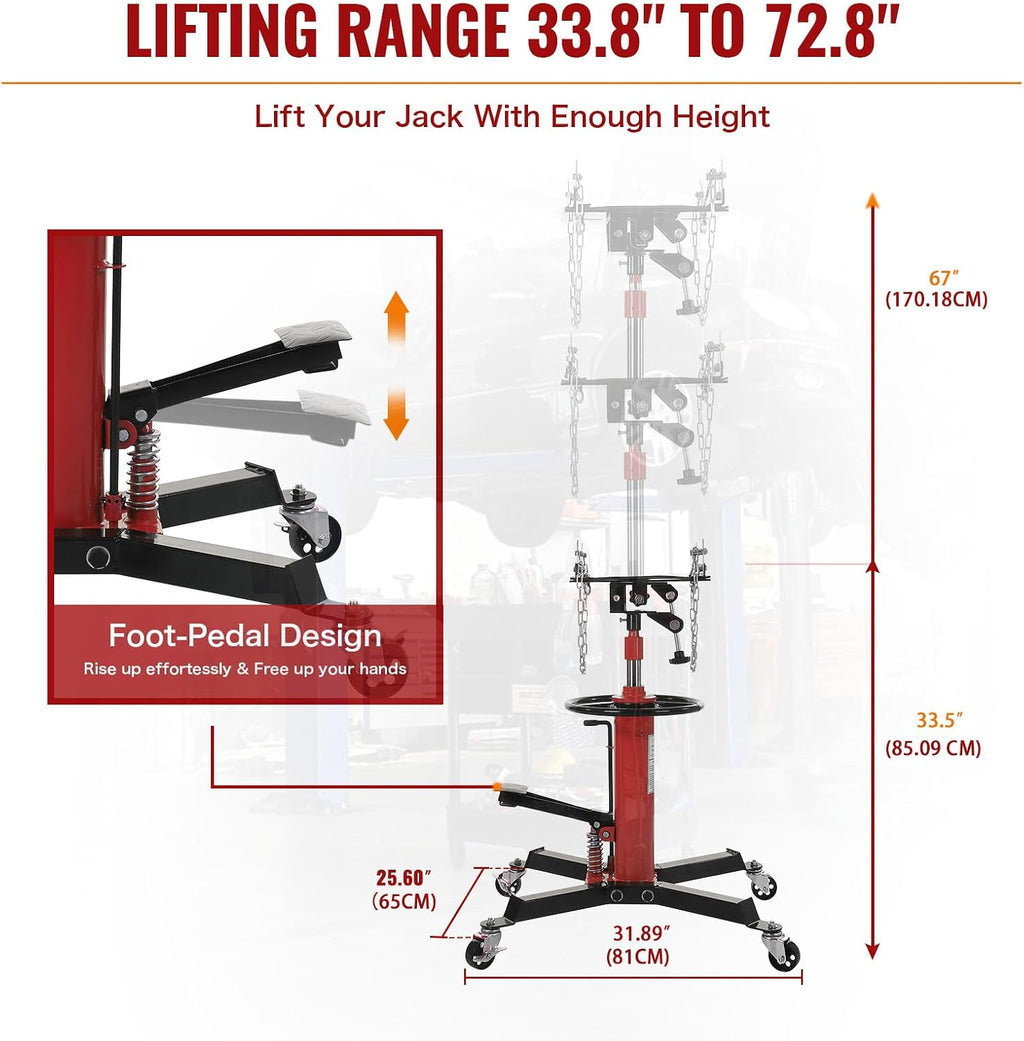 GarveeHome 2-Stage Hydraulic Telescoping Transmission Jack 1322 LBS (3/5 Ton) Capacity, 33.8'-72.8' Lifting Height, Heavy Duty with Foot Pedal and 360° Swivel Wheel, Red