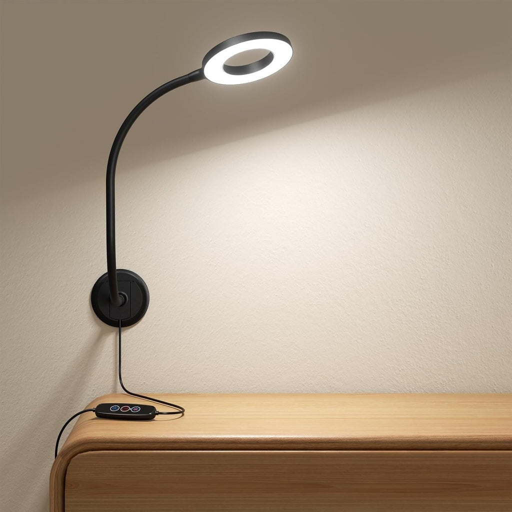 Wall Mounted Lamp, Reading Light for Book in Bed at Night, Shadowless LED Lamp for Workbench Bedroom Bedside Headboard, Eye Care 5 Color & Brightness Adjustable, 360 Flexible Gooseneck, Black