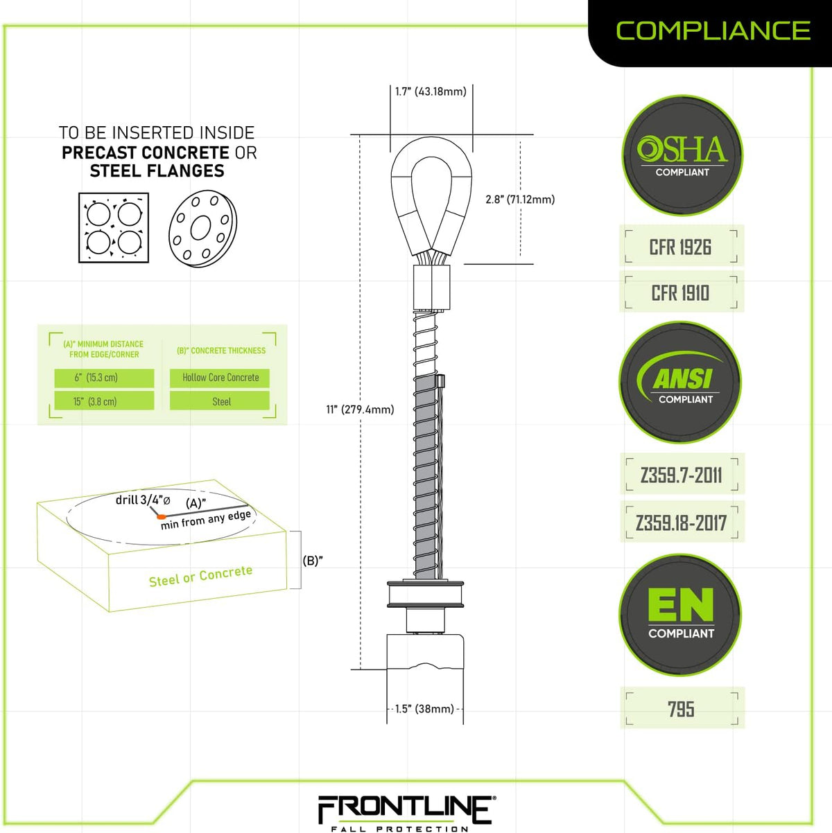 Frontline COT345K Reusable 5K Concrete and Steel Anchor Toggle Bolt | Removable Trigger Anchor | ANSI, OSHA & EN Compliant | Built tough, rugged and corrosion resistant