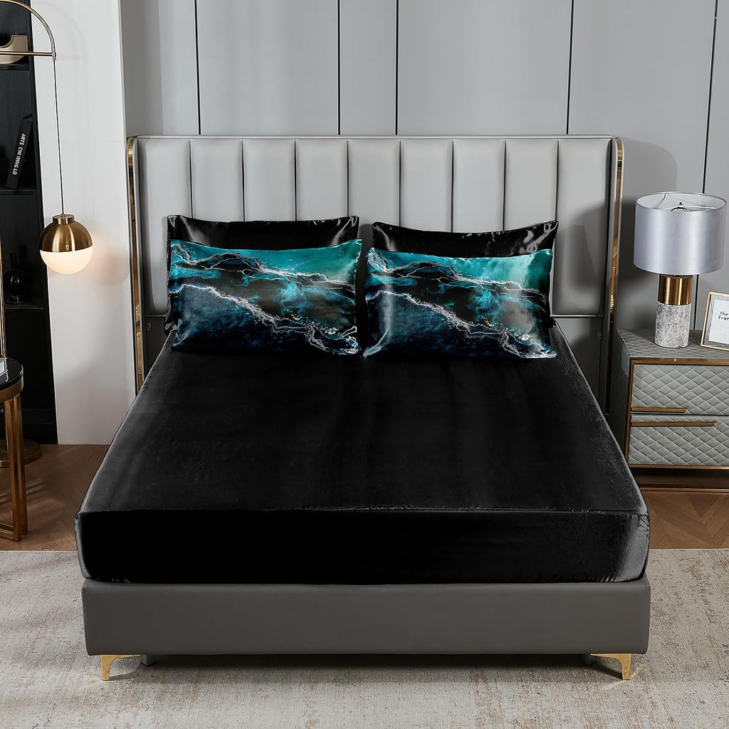 Bedorm Blue Marble Comforter Set Queen Silky Satin Bed in A Bag Black Marble Stone Abstract Texture Silk Like Black Satin Bedding Set with Comforter and Sheet Set