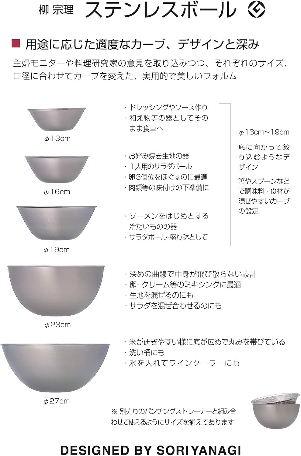 Sori Yanagi stainless bowl punchingstrainer (16.19.23) 6pcs