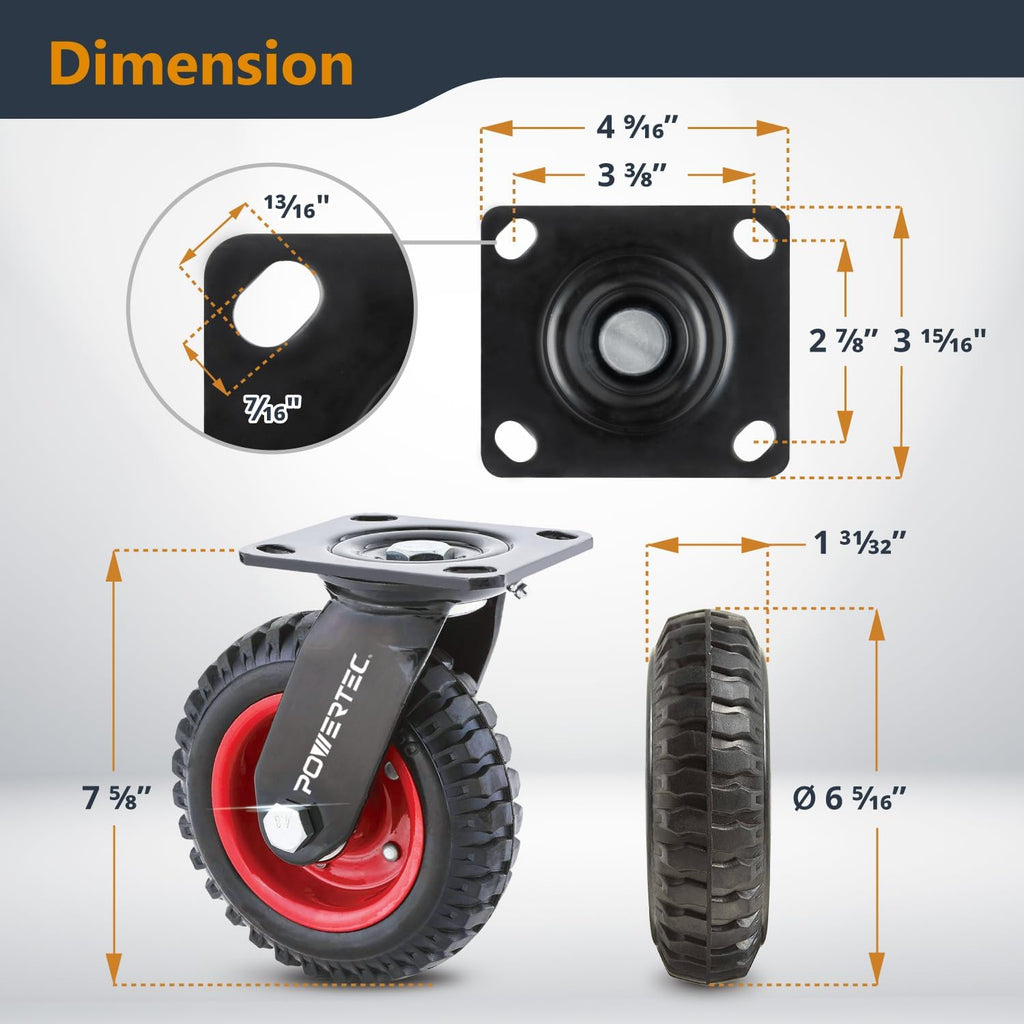 POWERTEC 6 Inch Caster Wheels Set of 8 (4 Swivel & 4 Fixed), Heavy Duty Rubber Casters Knobby Tread for Workbench, Dolly, Cart, Trolley, Wagon, Toolbox and Chicken Coop, Large Castor Wheels (17054-P2)