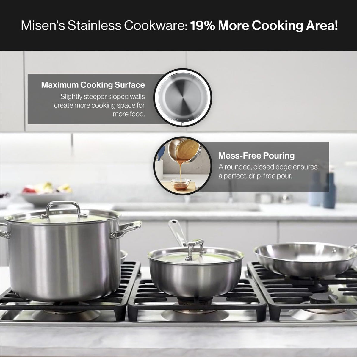 Misen 5-Ply Stainless Steel Cookware Set - Versatile, Dishwasher Safe - 5-Piece Set - 10' Skillet, 3 QT Saute Pan + Lid, 3 QT Saucier + Lid