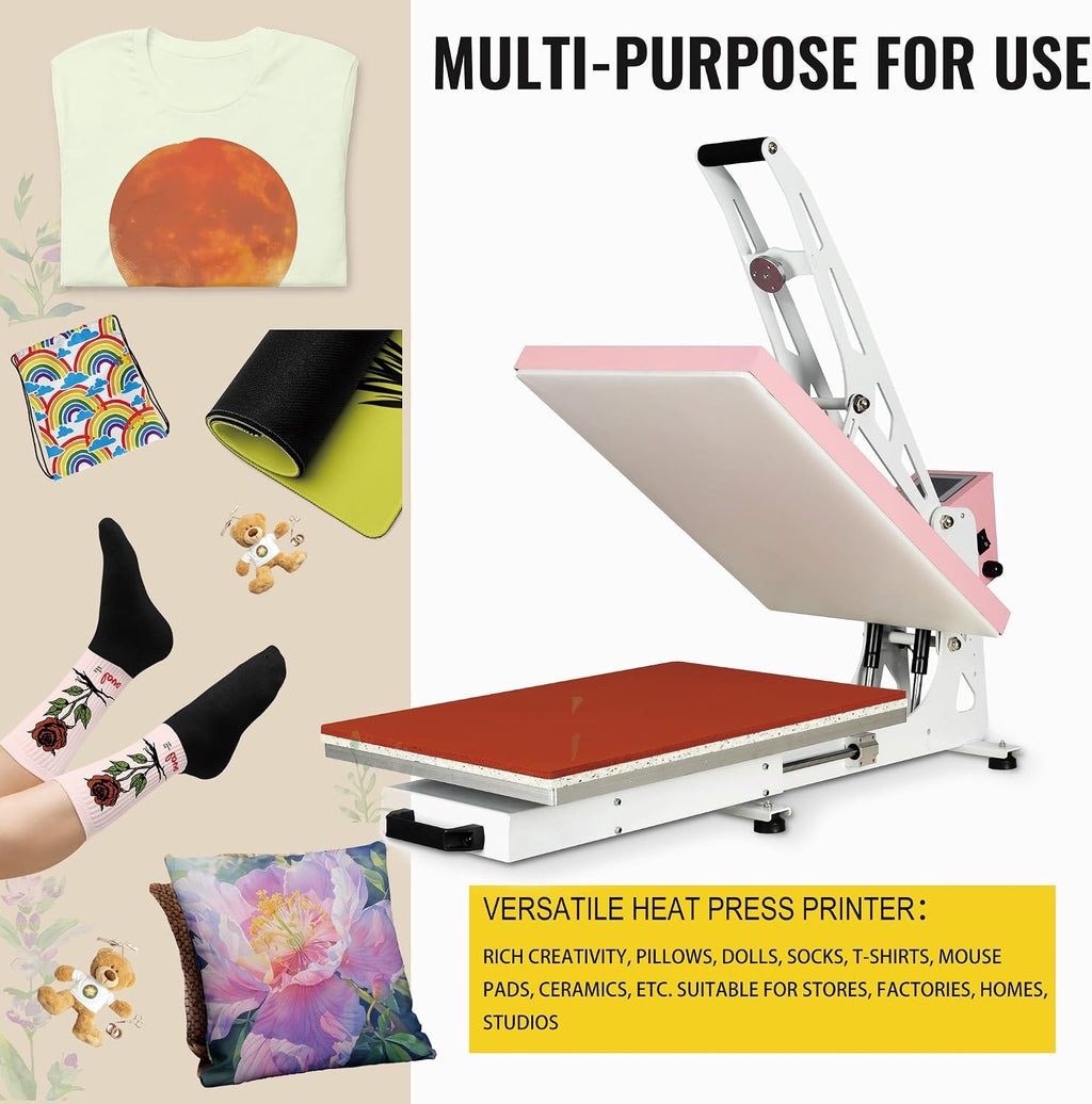 16' x 24' Slide Out Heat Press Machine for T Shirts, Clamshell Pull Out Platen, Industrial-Quality Digital Sublimation Printer for Heat Transfer Vinyl, DIY & Small Business (Pink, W16*L24)