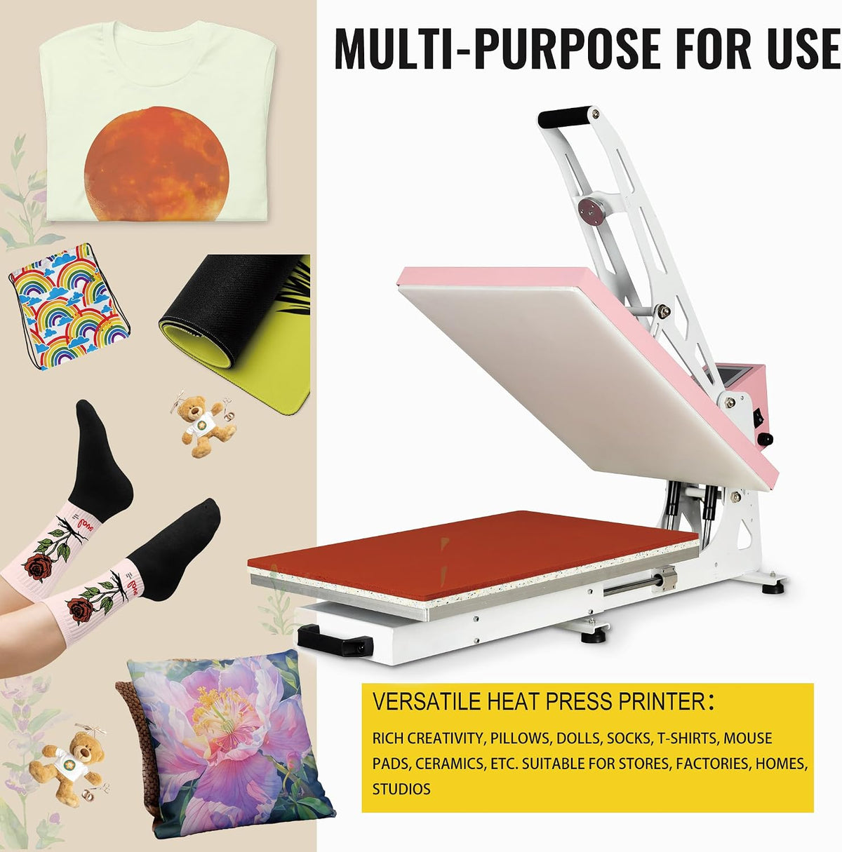 16' x 24' Slide Out Heat Press Machine for T Shirts, Clamshell Pull Out Platen, Industrial-Quality Digital Sublimation Printer for Heat Transfer Vinyl, DIY & Small Business (Pink, W16*L24)