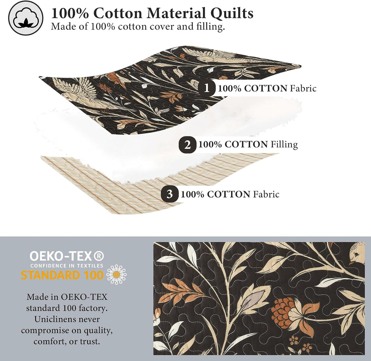 Uniclinens Botanical King Quilt Set, 100% Cotton Quilt Bedding Set Vintage Bird Pattern Bedspreads King Size, Chic Lightweight Quilted Comforter Coverlets, All Season, 3pcs, Dark Chocolate Brown/Beige