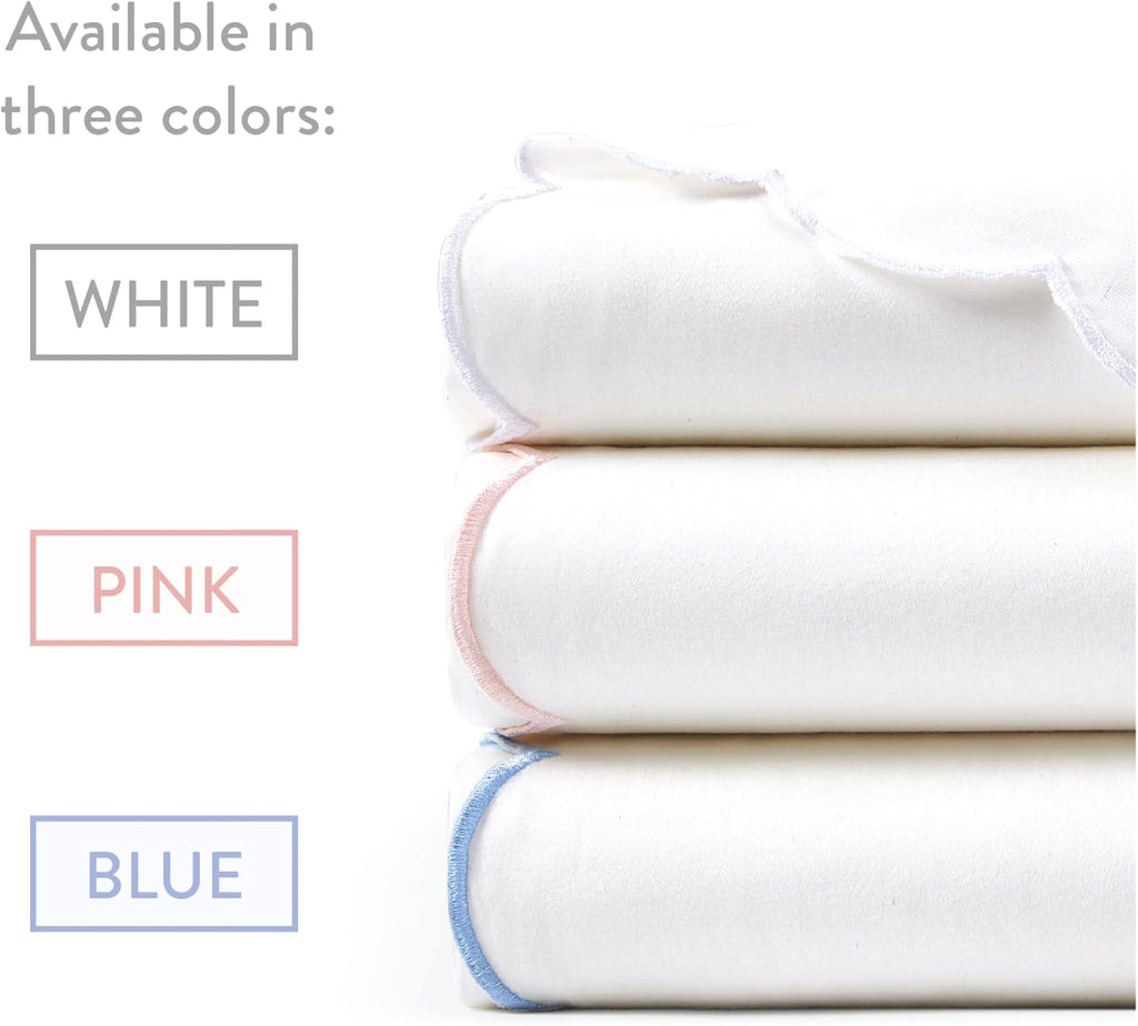 Peri Home Queen Size Sheet Set, 4 Piece Bed Sheets, Breathable Soft 300 TC 100% Cotton with Embroidered Scalloped Edge, 1 Flat Sheet, 1 Fitted, 2 Pillowcases, Queen, White with Blue Scallop