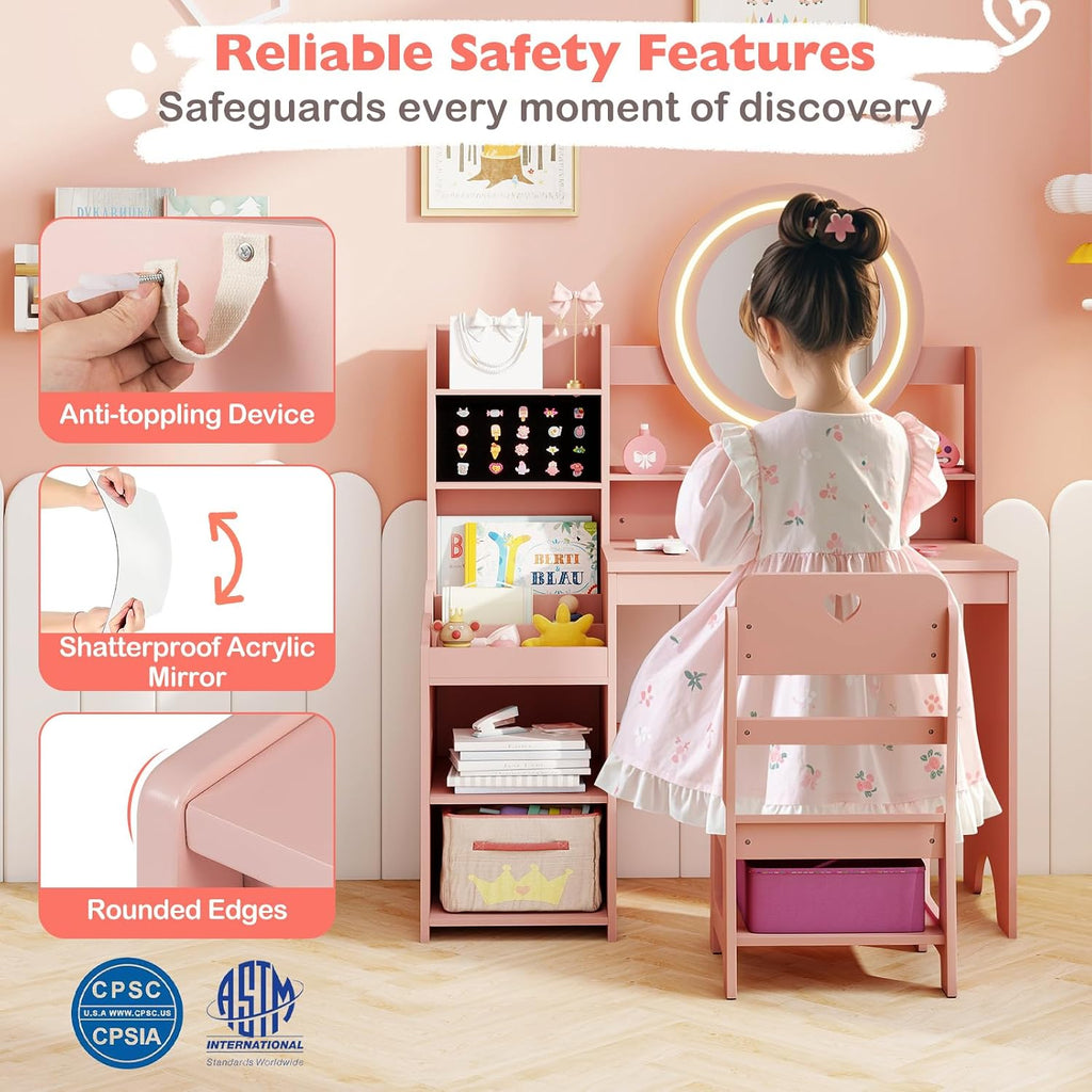 HONEY JOY Kids Vanity with Lights, Wooden Princess Makeup Dressing Vanity Desk with Jewelry Storage, Open Shelves, 2 in 1 Toddler Vanity Table & Chair Set with Lighted Mirror for Little Girls(Pink)