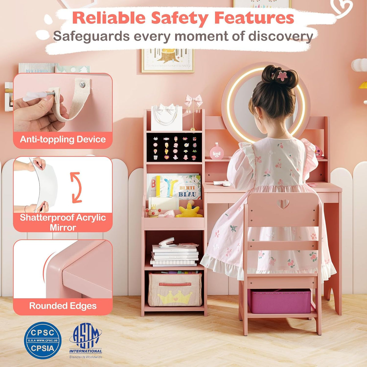 HONEY JOY Kids Vanity with Lights, Wooden Princess Makeup Dressing Vanity Desk with Jewelry Storage, Open Shelves, 2 in 1 Toddler Vanity Table & Chair Set with Lighted Mirror for Little Girls(Pink)