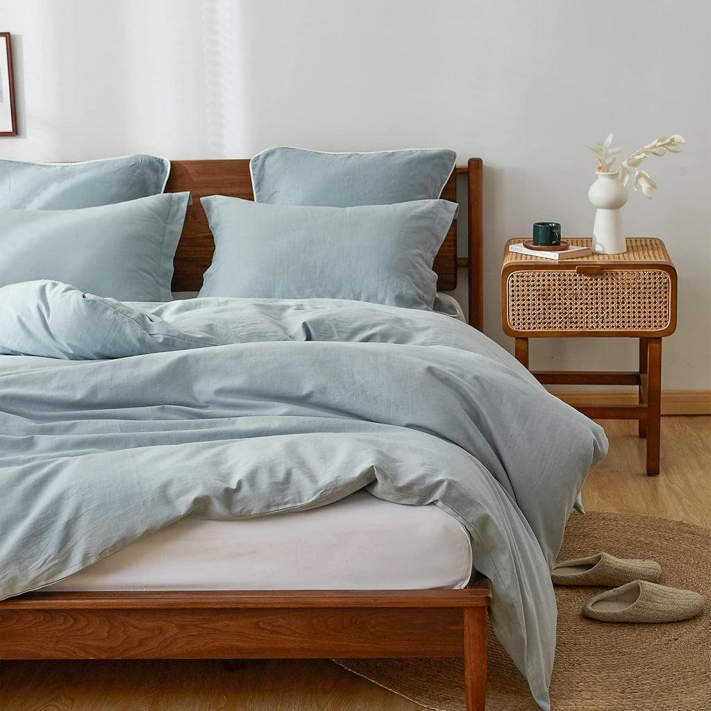 Simple&Opulence 100% Linen Duvet Cover Set, Natural French Flax Dusty Blue Duvet Cover Twin Size, Breathable Soft Comfy Linen Bedding Comforter Cover with 1 Pillowcase(Dusty Blue, 68'x86')