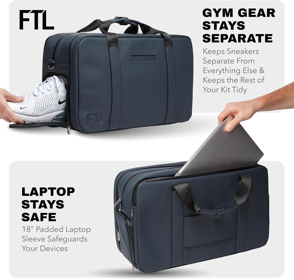 The FTL Pro Mens Travel Bag - 30L Premium Work to Gym Weekender Duffel with Garment Bag, Shoe Space & 18' Laptop Sleeve - Organized Athletic Business Carry On Hybrid, Fits Under Airplane Seat - Blue
