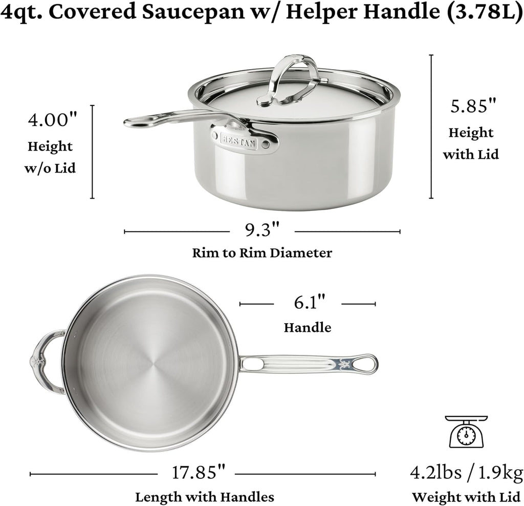 Hestan ProBond Luxe 4-Quart Saucepan with Lid, Professional Clad Stainless Steel, ProCore Tri-Ply Clad Construction, Polished Exterior, Induction & Oven Safe