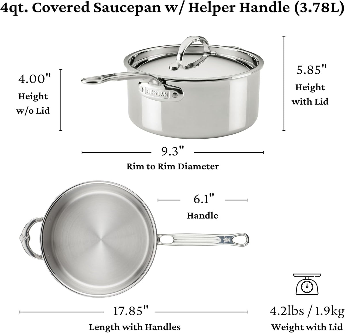 Hestan ProBond Luxe 4-Quart Saucepan with Lid, Professional Clad Stainless Steel, ProCore Tri-Ply Clad Construction, Polished Exterior, Induction & Oven Safe