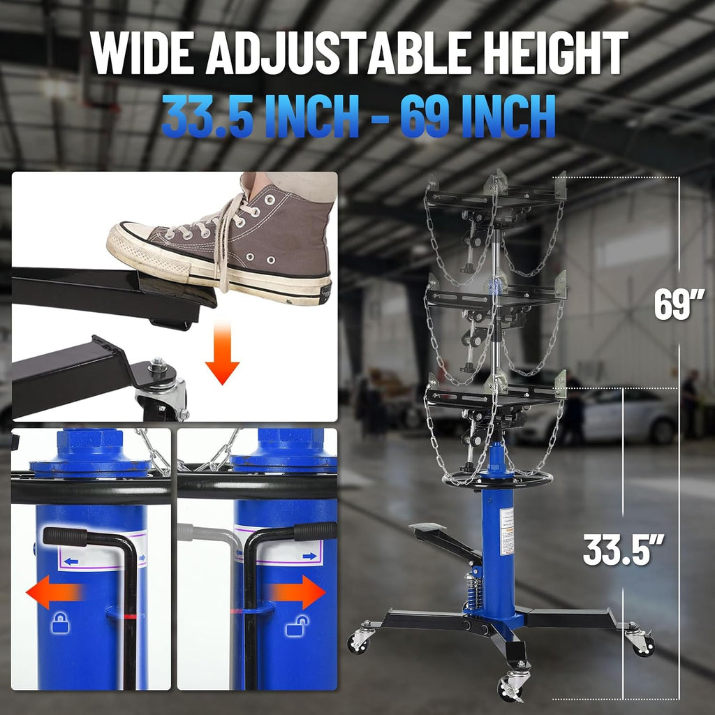 1322Lb Heavy Duty Transmission Jack, 33.5'-69' High Lift Hydraulic Telescoping Transmission Jack, 2-Stage Telescopic Transmission Stand with Foot Pedal & 360° Swivel Wheel, Blue
