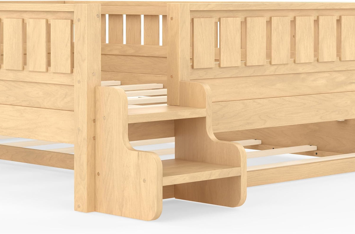 Bellemave Queen Bed with Trundle and Stairs, Queen Size Platform Bed Frame with Fence and Bookshelf, Easy Assemble Beds for Kids, Girls, Boys, Light Natural