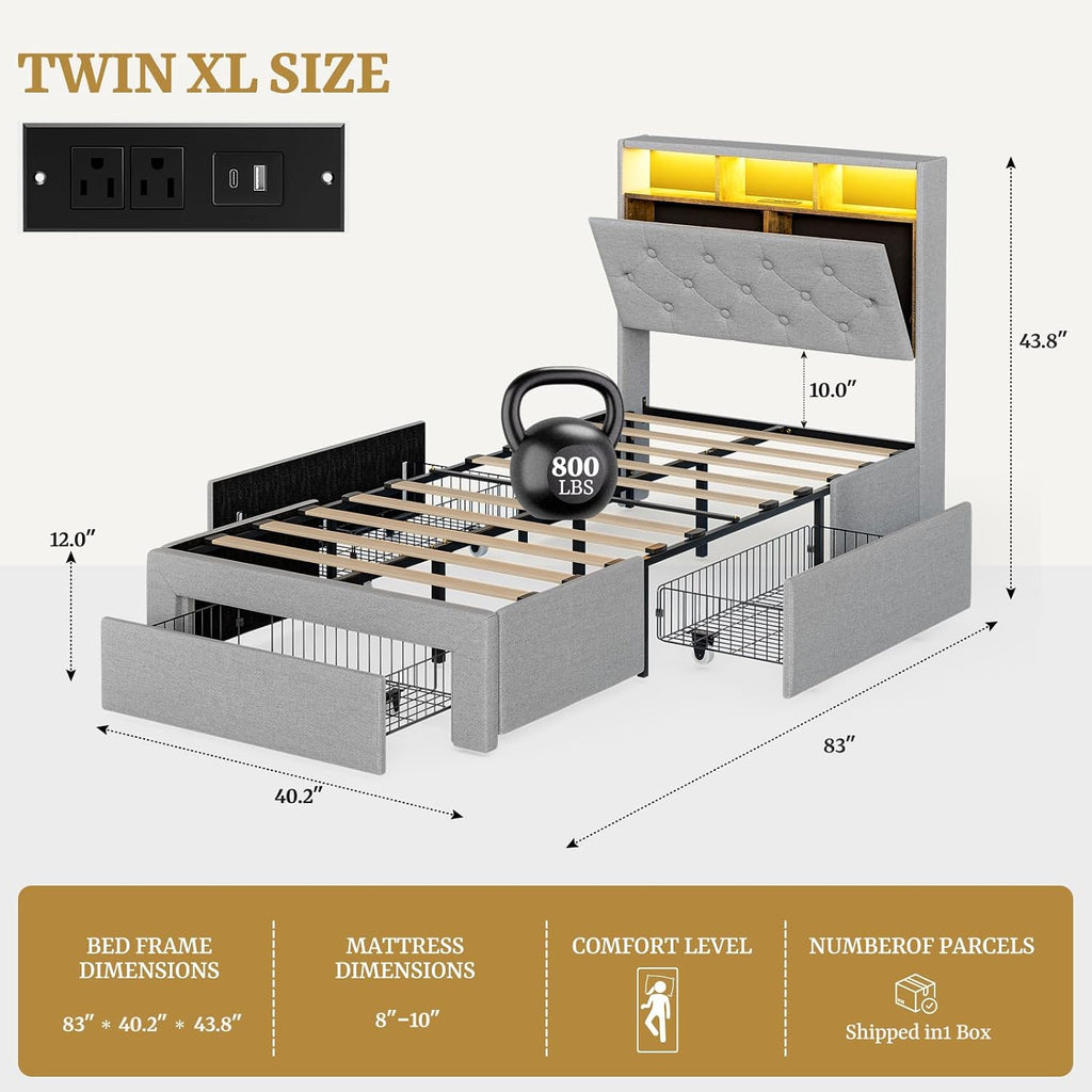 IKIFLY Twin XL Bed Frames with Hidden Storage Headboard & Drawers, Upholstered Twin XL Platform Bed with LED Lights & Charging Station, Solid and Stable, Noise Free, No Box Spring Needed, Light Grey