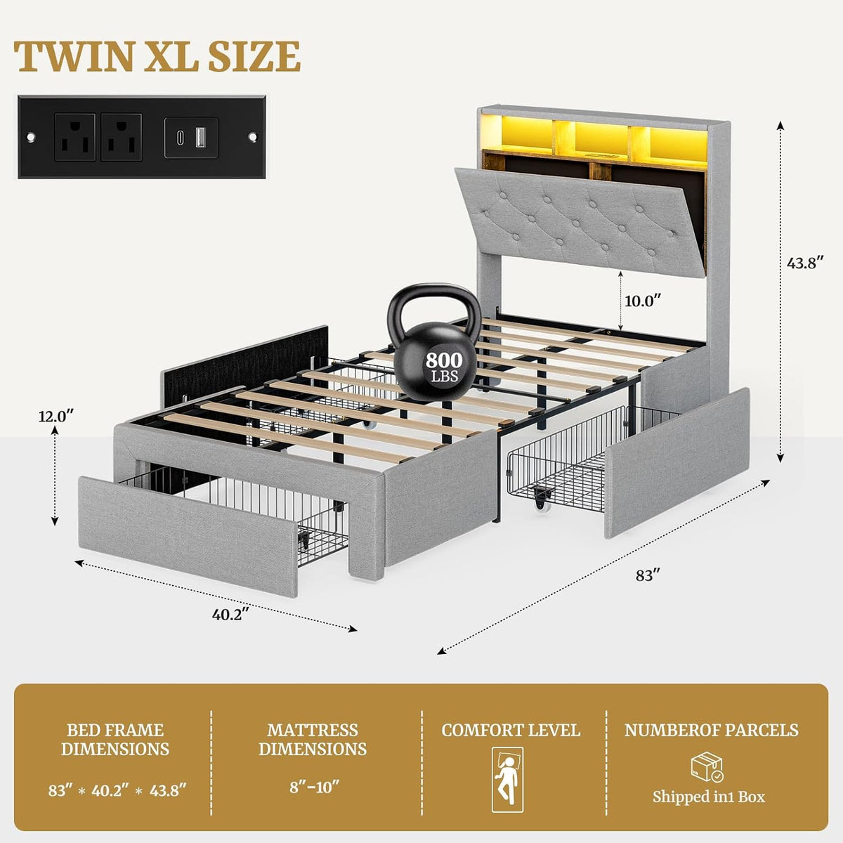 IKIFLY Twin XL Bed Frames with Hidden Storage Headboard & Drawers, Upholstered Twin XL Platform Bed with LED Lights & Charging Station, Solid and Stable, Noise Free, No Box Spring Needed, Light Grey