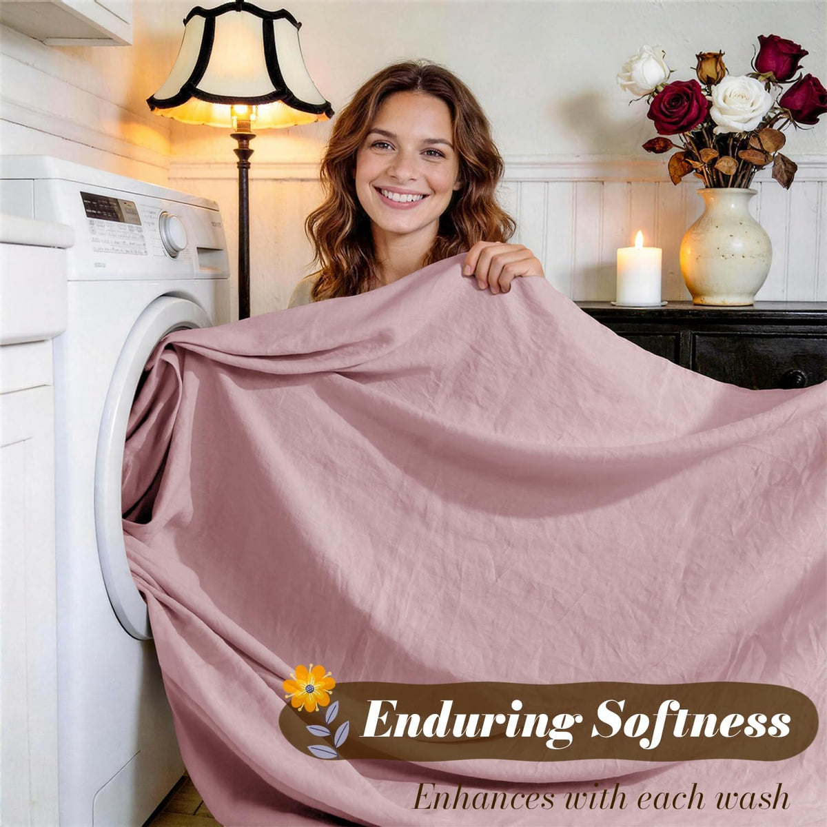 SONORO KATE 100% French Pure Linen Sheets, Breathable and Durable Linen King Size Sheets, Anti-Tear Linen Bed Sheets, Machine Washable, 16 Inch Deep Pocket - 4 Piece (Embroidery Purple, King)