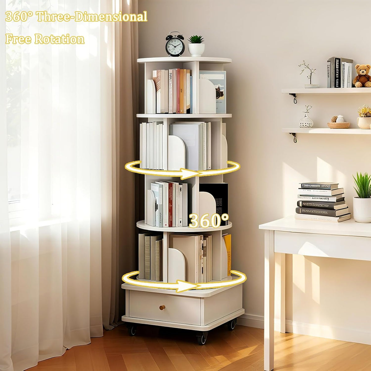 KEIKI 5-Tier Rotating Tower Spinning Bookshelf with 360°Swivel Wheels & Square Storage Drawer Base,Narrow Rolling Bookcase for Small Space,Corner,Bedroom,Office,White