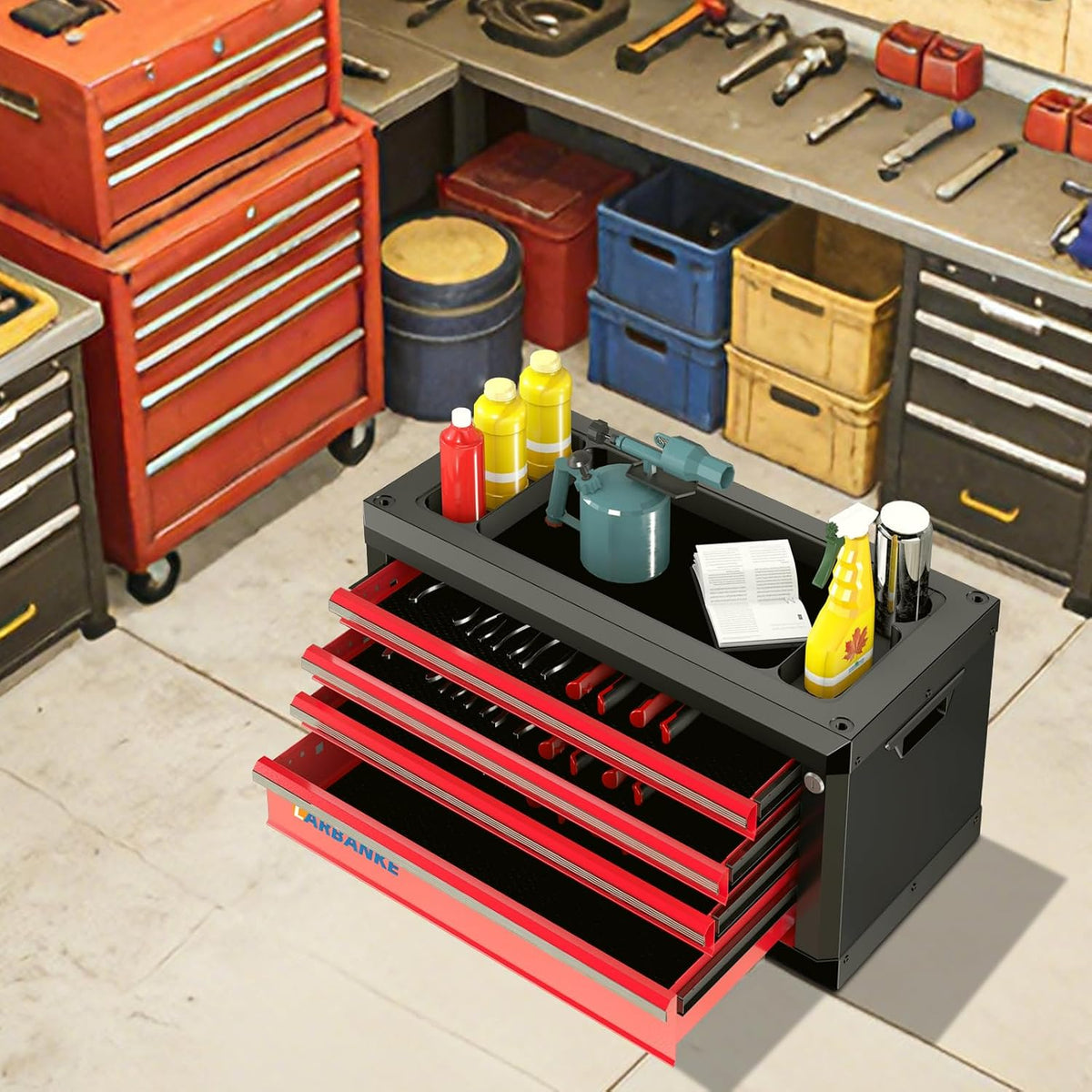 LARBANKE Portable 4-Drawer Tool Box with Lock&Keys,Tool Box with Multifunctional Countertop&Drawer Liner,with Special Connecting Rods to Combine with Same-Series 5& 7-Drawer Tool Chests for Larger One