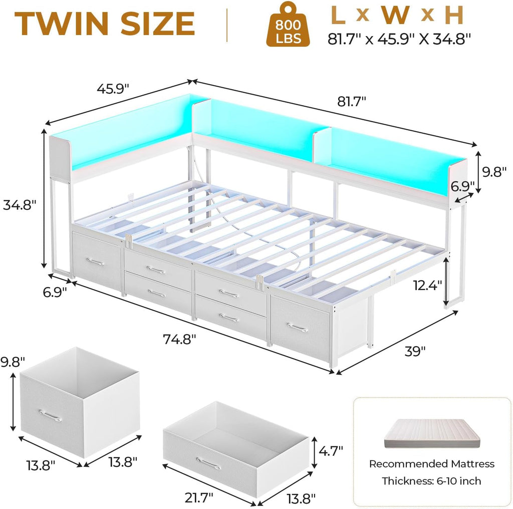 MSmask 14 Inch Corner Bed Frame with Bookcase Storage, Twin Daybed with 6 Drawers, Charging Station and LED Light, Twin Size Metal Platform Bed Frame, No Box Spring Needed, White