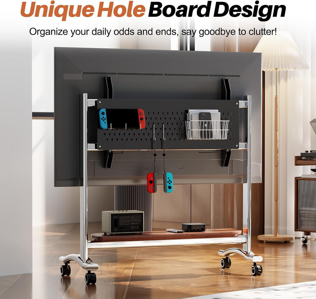 Heavy Duty Mobile TV Stand Easel Rolling TV Cart with Wheel for 65-110 Inch, Stainless Steel Portable Floor TV Stand on Wheels with Storage Pegboard Hold Up to 198 Lbs Max VESA 1200x600mm