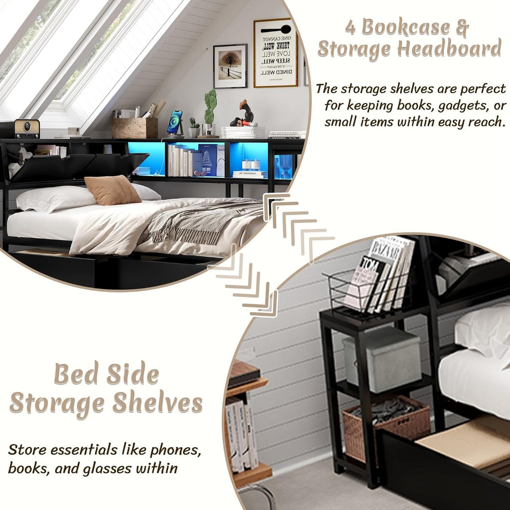 Full Corner Bed Frame with Desk, LED Lights & Charging Ports, L-Shaped Daybed with Storage Drawers, Bookcase & Open Shelves, Modern Full Size Daybed for Kids, Teens & Compact Bedrooms,Black