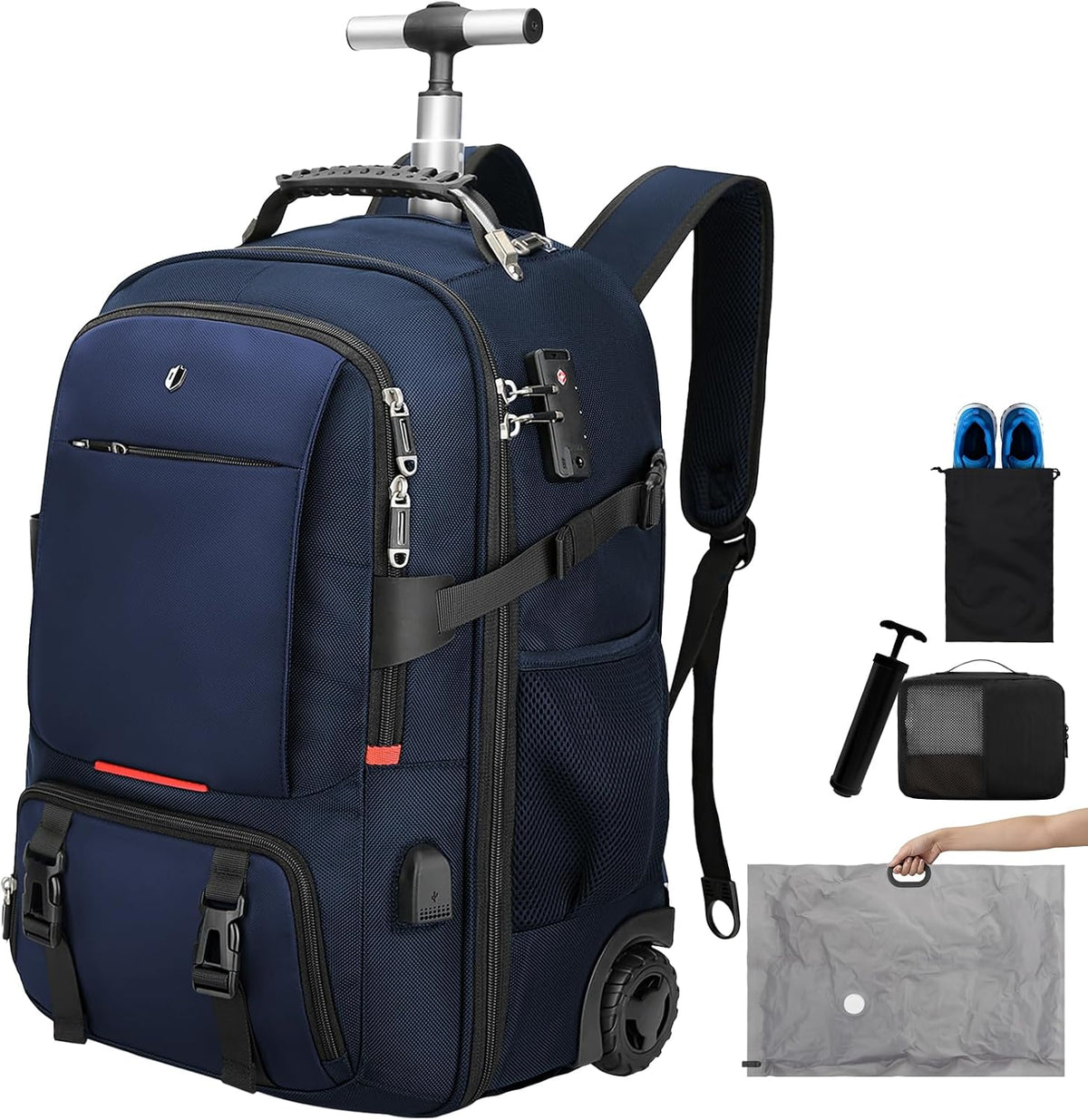Backpack with wheels,rolling backpack with 2 Packing Cubes and compression bags,Laptop Compartment,Water Resistant Luggage suitcase,Air Travel,Weekend Trips (Blue)