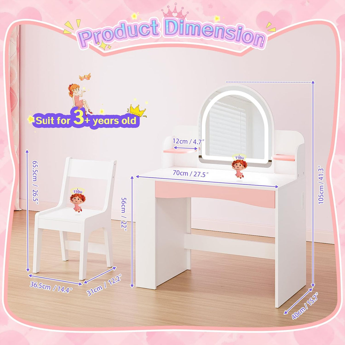 Teckid Kids Vanity Table and Chair Set with Lights, Toddler Vanity Desk for Girls, Princess Makeup Vanity for Kids with Storage Shelves, Open Bookshelf and Stools, White
