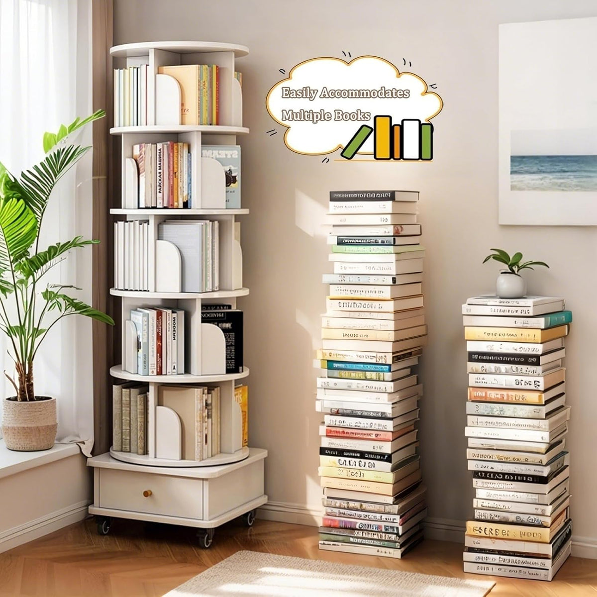 KEIKI 6-Tier Rotating Tower Spinning Bookshelf with 360°Swivel Wheels & Square Storage Drawer Base,Narrow Rolling Bookcase for Small Space,Corner,Bedroom,Office,White