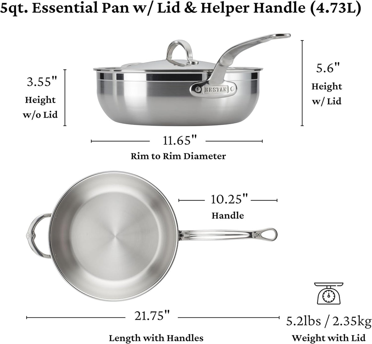 Hestan ProBond Forged - Professional Clad Stainless Steel All-In-One Pan, 5 Quart, with Helper Handle, Induction Compatible