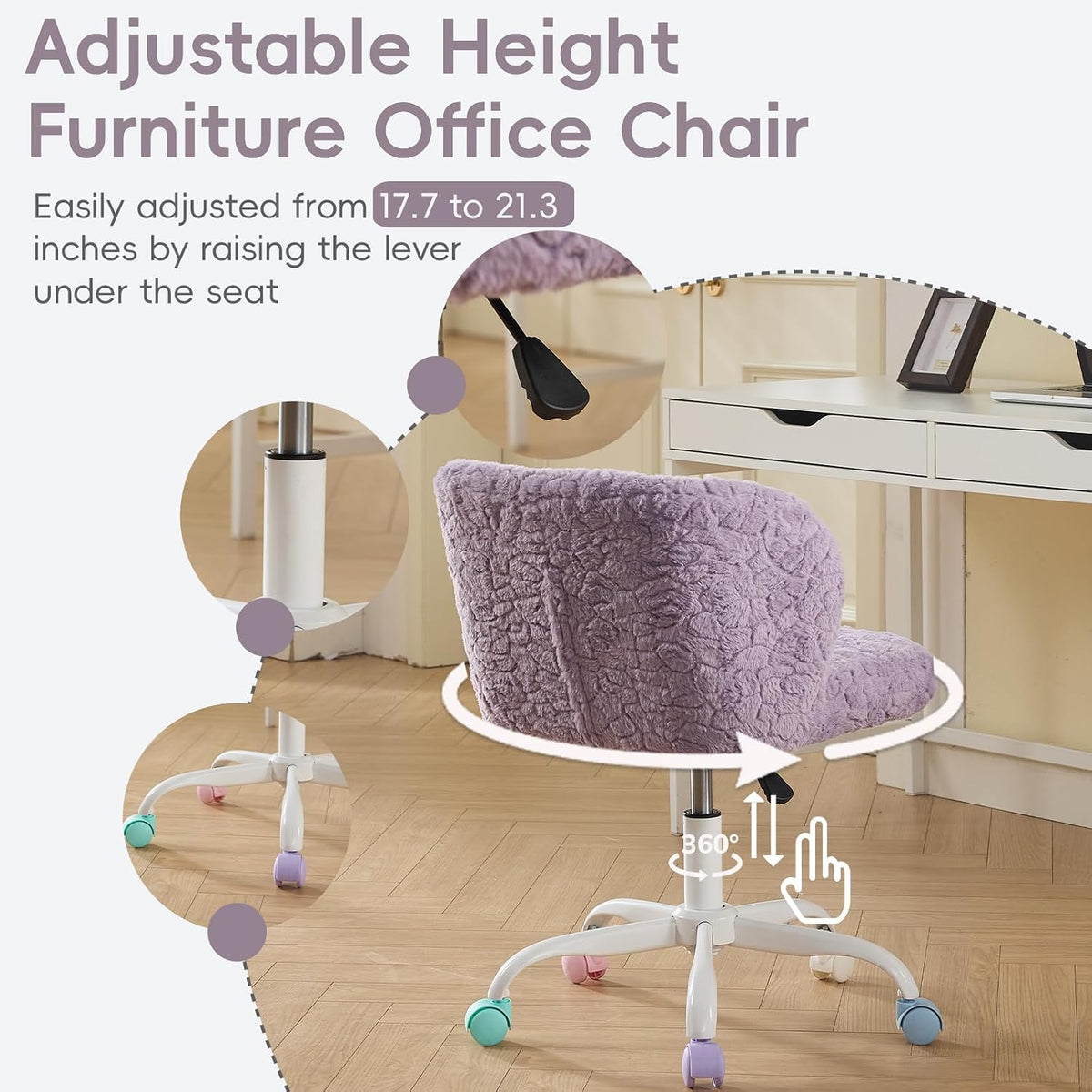 Faux Fur Vanity Desk Chair with White Metal Base – Adjustable Swivel Rolling Office Chair with Wheels, Comfy Makeup Chair for Bedroom, Study, Girls' Room, Home Office & Task Use, Purple