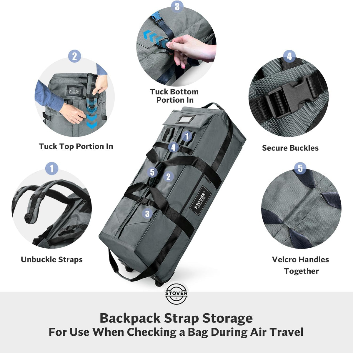 STOVER 45/80/100L Rolling Duffel Bag with Wheels, Large Durable Travel Duffle + Toiletry Bag, Heavy Duty, Packable, Foldable with Shoulder Straps- Use as Luggage or Backpack, Men/Women (Grey)
