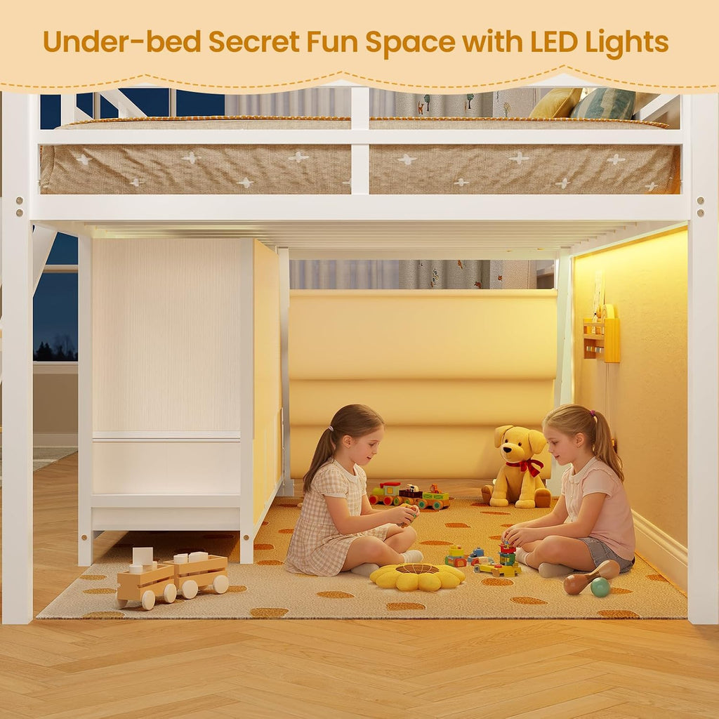 BTHFST Low Loft Bed Twin Size with 3 Storage Drawers, 3-Tier Kids Bookshelf, 5 Open Cubbies and 2 LED Lights Strips, Metal Kids Loft Bed with High Safety Guardrail, Inclined Ladder and Play Area