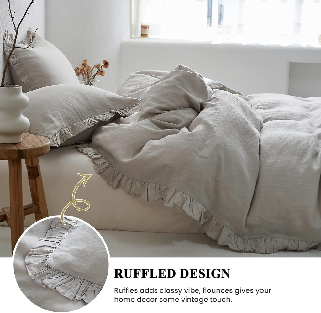 Simple&Opulence 100% Linen Duvet Cover Set, Natural French Flax Light Grey Ruffle Duvet Cover Twin Size, Breathable Comfy Linen Bedding Comforter Cover with 1 Pillowcase (Light Grey, 68' x 86')