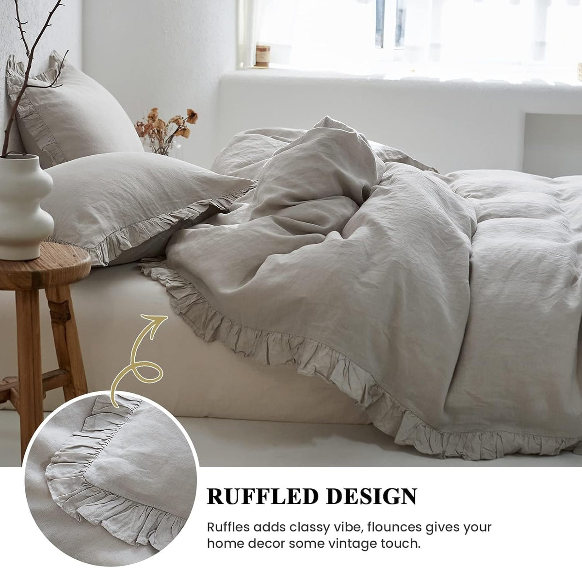 Simple&Opulence 100% Linen Duvet Cover Set, 3 PCS Natural French Flax Light Grey Ruffle Duvet Cover Full Size, Breathable Comfy Linen Bedding Comforter Cover with 2 Pillowcases (Light Grey, 78' X 86')