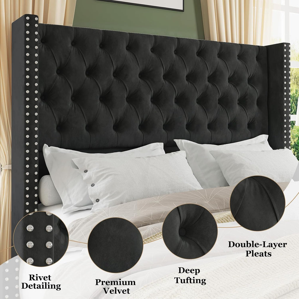 Jocisland Queen Size Bed Frame with 51.6' Wingback Tufted Velvet Headboard, Modern Upholstered Platform Bed, No Box Spring Needed, Easy Assembly, Black