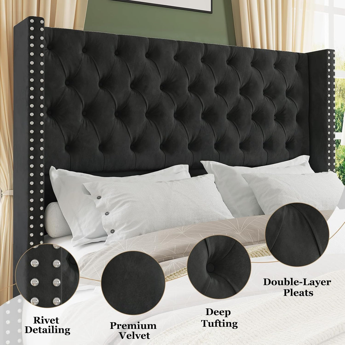 Jocisland Queen Size Bed Frame with 51.6' Wingback Tufted Velvet Headboard, Modern Upholstered Platform Bed, No Box Spring Needed, Easy Assembly, Black