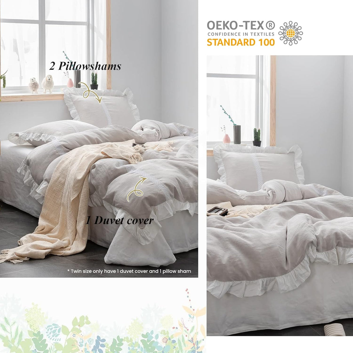 Simple&Opulence 100% Linen Duvet Cover Set (88'x92') Floral Flax Queen Size, Shabby Chic Ruffle Edge Lace Insert Decoration, 3 Pcs Farmhouse Bedding-1 Comforter Cover 1 Pillow Shams, Floral Grey