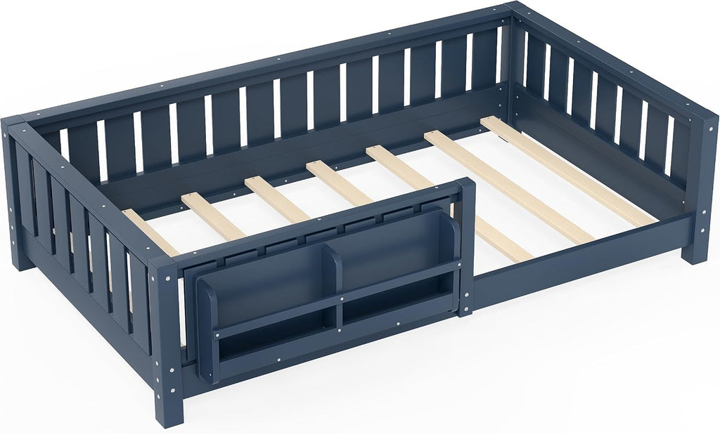 Bellemave Twin Floor Bed with Rails and Slats, Twin Size Montessori Floor Bed with Bookshelf and Fence, Easy Assemble Montessori Beds Frame for Girls, Boys, Blue