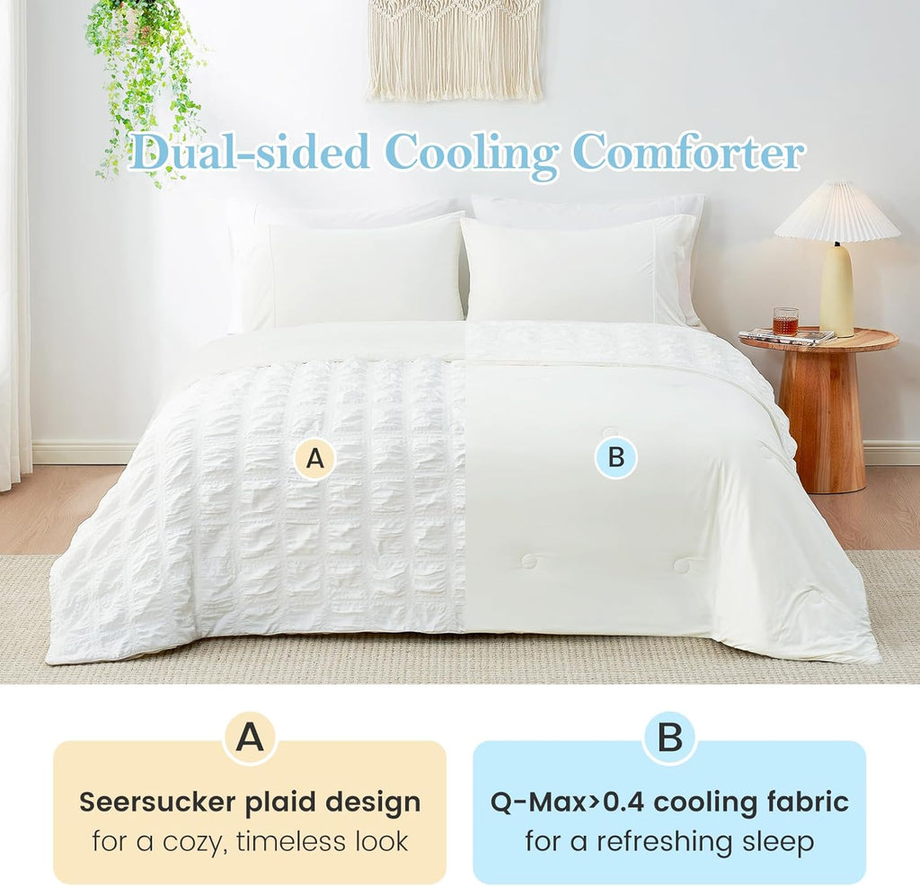 Cozy Bliss Cooling Comforter Seersucker Plaid, Q-Max 0.45 Lightweight Cooling Blanket, Breathable Silk Smooth Summer Bedding Quilt for Hot Sleepers Night Sweats, Cali King(106'*96'), White