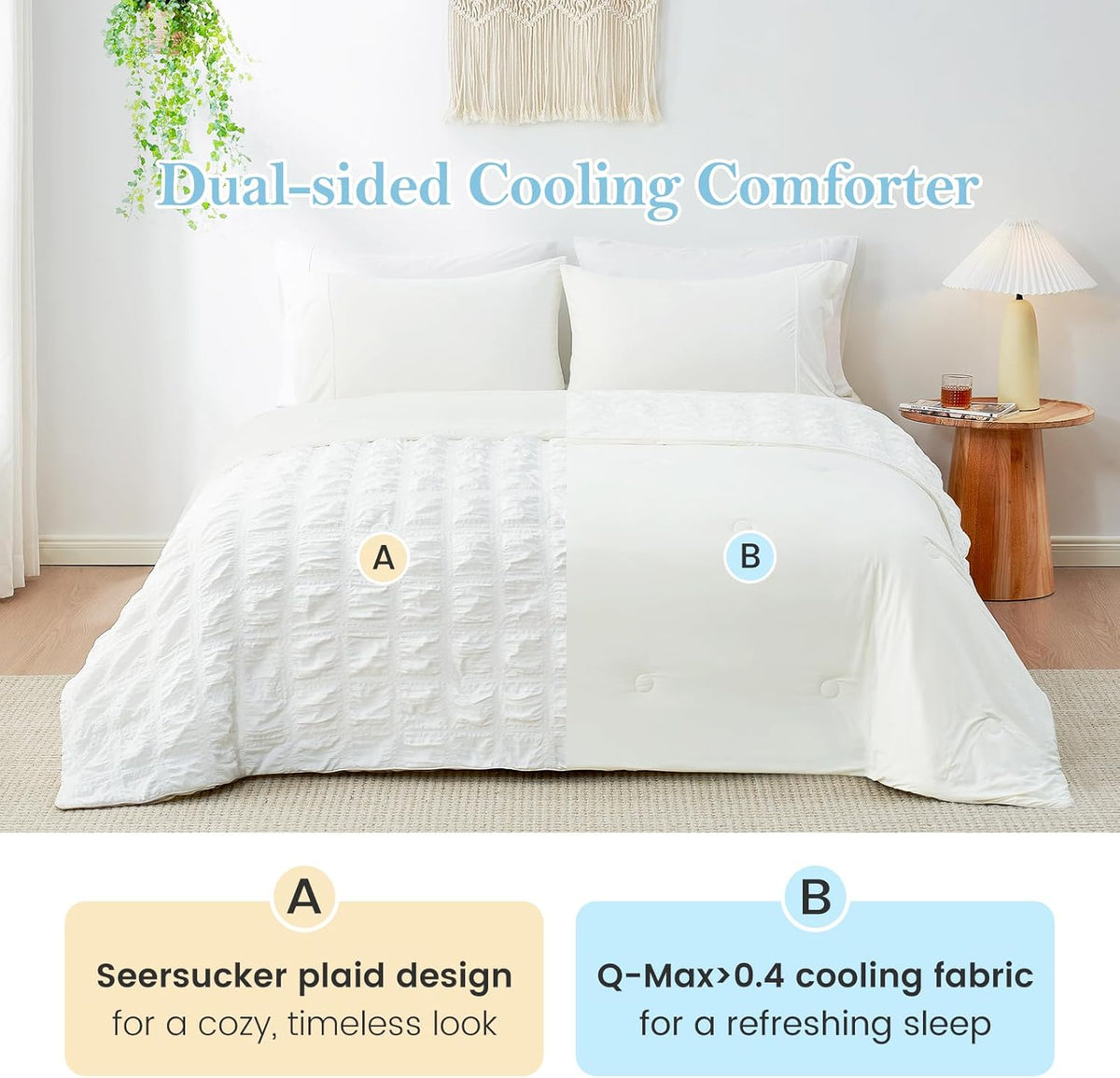 Cozy Bliss Cooling Comforter Seersucker Plaid, Q-Max 0.45 Lightweight Cooling Blanket, Breathable Silk Smooth Summer Bedding Quilt for Hot Sleepers Night Sweats, Cali King(106'*96'), White