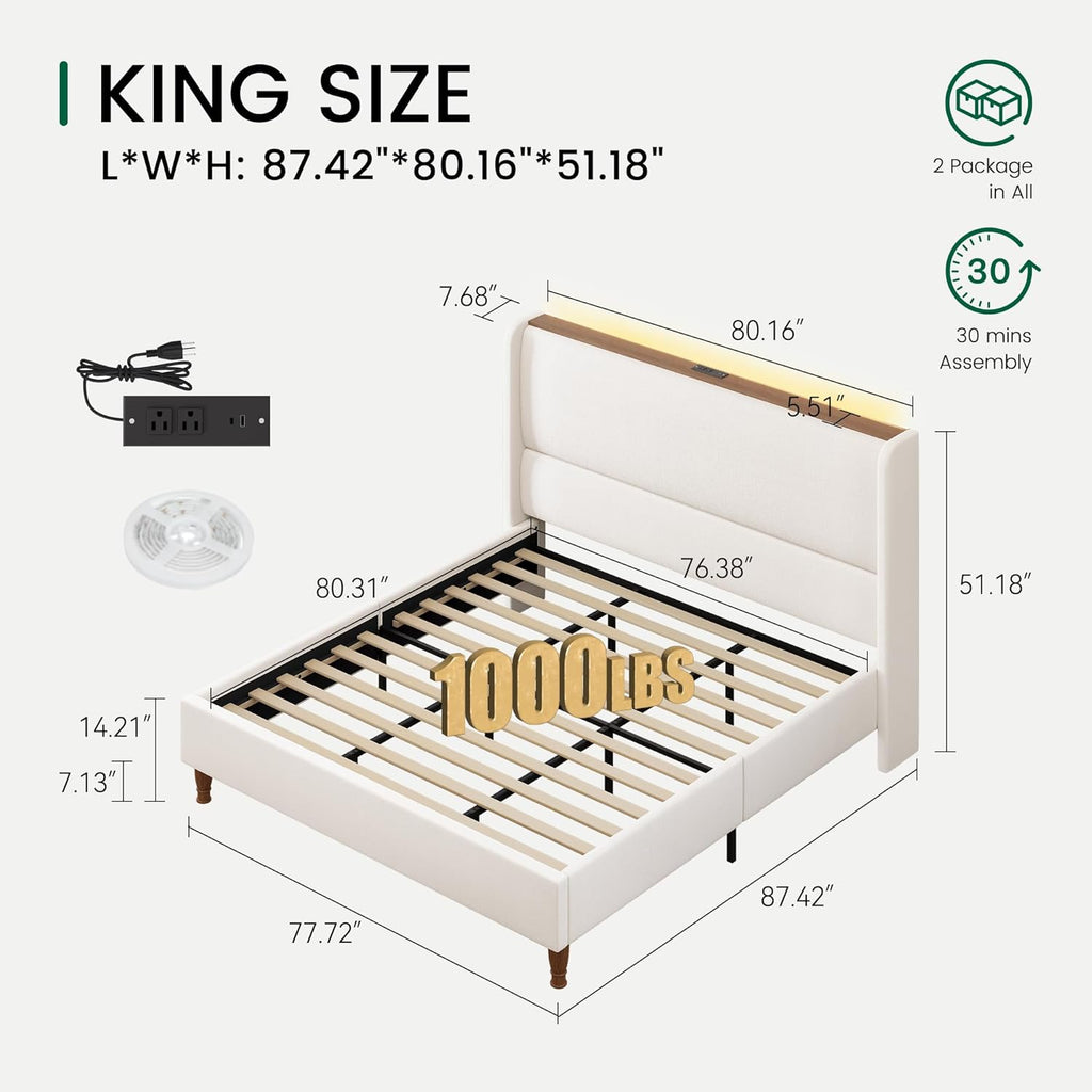 LARMACE King Size Bed Frame with LED Lights and Charging Station Linen Upholstered Platform Bed Frame with 51.2' Tall Wingback Headboard and Storage Shelf, No Box Spring Needed, Easy Assembly, Beige