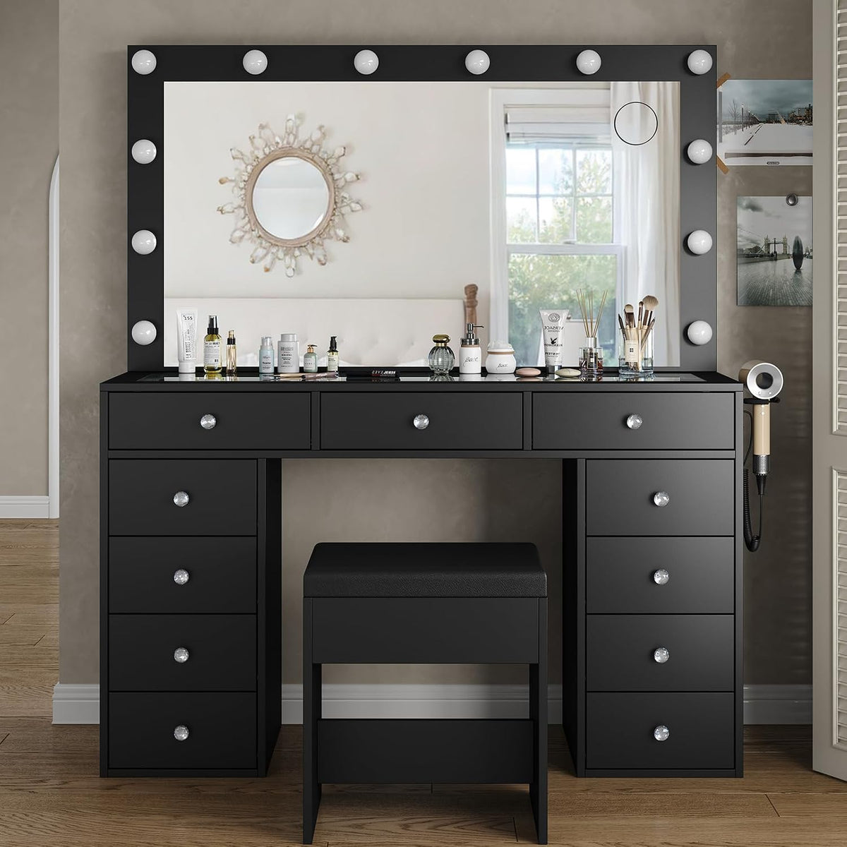 Yanosaku Vanity Desk & Power Outl, Makeup Table with Mirror and 12 LED Lights, Makeup Table with 11 Drawers, 3 Lighting Modes Brightness Adjustable(Black)