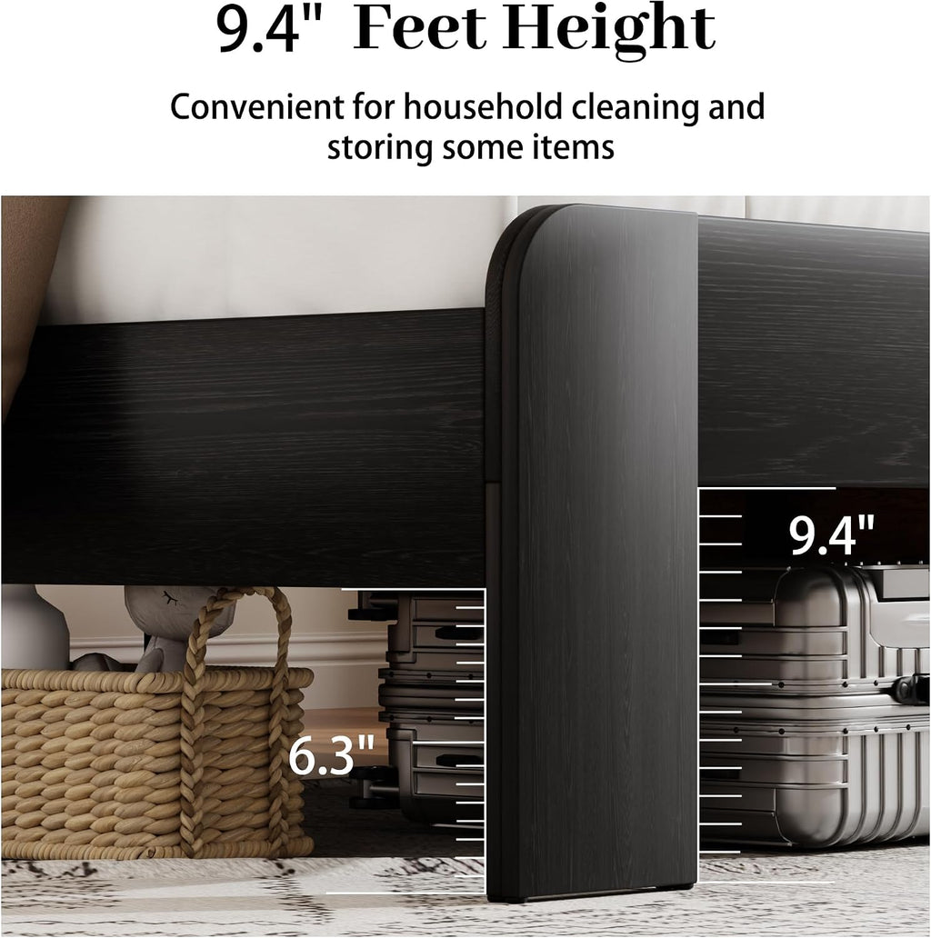 King Size Wooden Bed Frame with Bookcace Storage Headboard, Rustic Farmhouse Bedframe with LED Lights and Charging Station, Sturdy and Stable, Slat Support, No Box Spring Required (Black, King)
