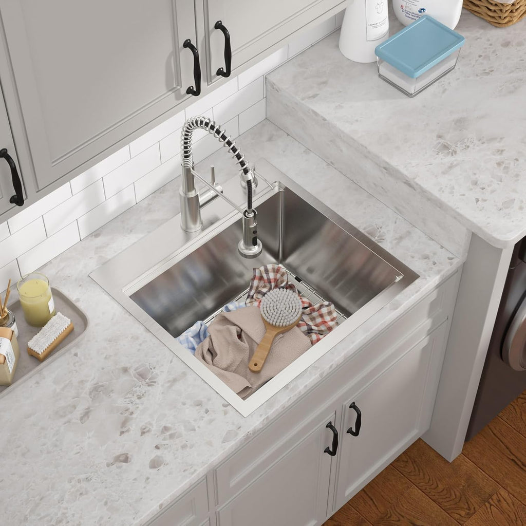 21x20 Drop In Laundry Sink with Faucet, 12' Deep 16 Gauge T-304 Stainless Steel Workstation Single Bowl Utility Sink for Laundry, Garage & Outdoor with All-In One Accessories #TL-FDOE00085