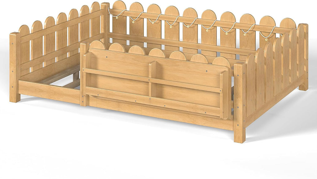 Bellemave Full Size Floor Bed with Rails and Slats, Full Size Montessori Floor Bed with Bookshelf, Fence and Lights, Low Profile Montessori Beds Frame for Girls, Boys, Light Natural