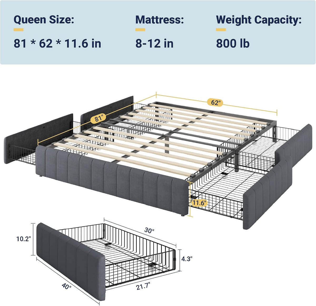 Allewie Queen Size Platform Bed Frame with 4 Large Storage Drawers, Velvet Vertical Channel Tufted Upholstered Bed Base, Wooden Slats Support, Noise-Free, No Box Spring Needed, Easy Assembly, Grey