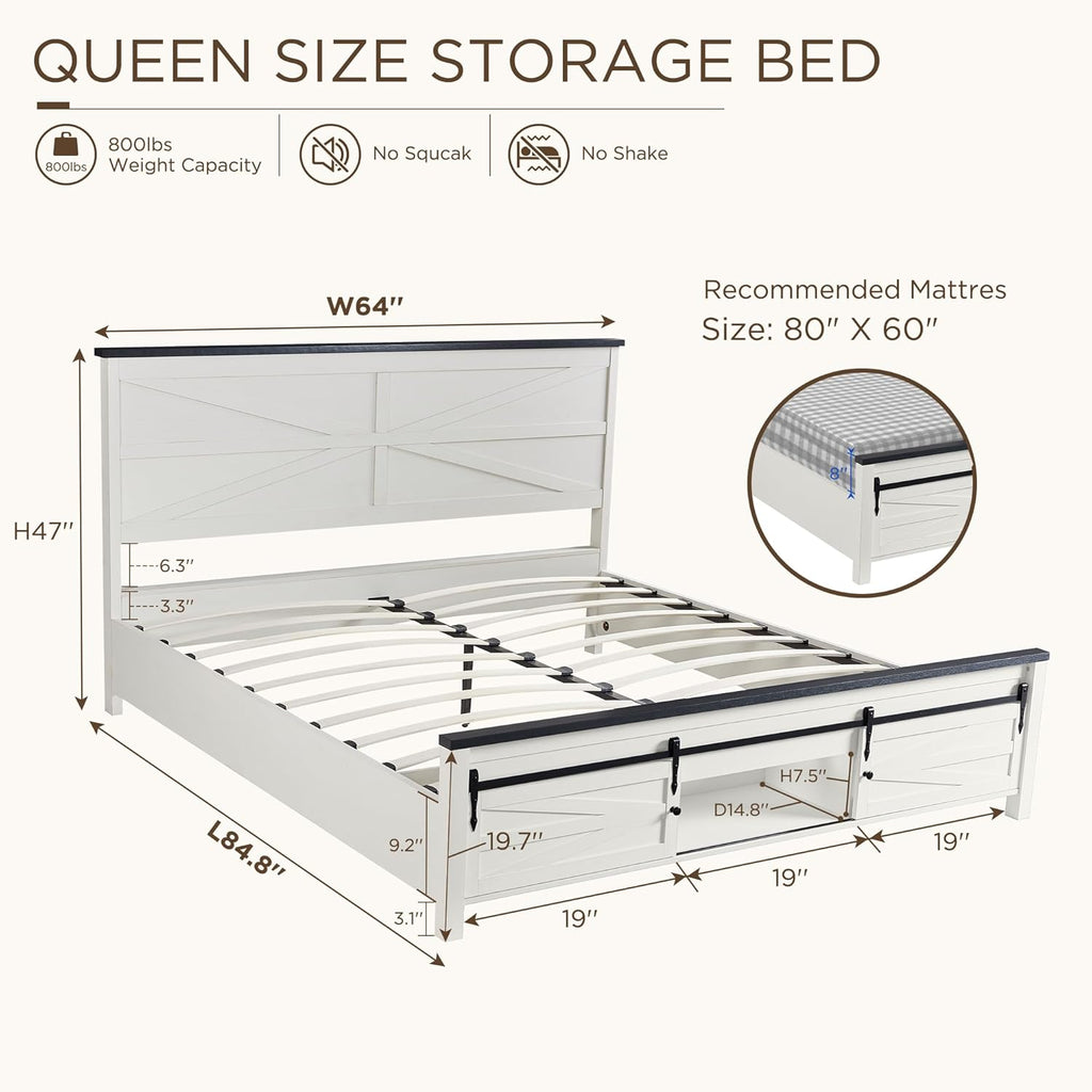 ACCOHOHO Farmhouse Queen Size Bed Frame with Barn Door Storage, Platform Bed Frame with Headboard, Rustic Bed, Solid Wood Slats Support/Noiseless/No Box Spring Needed (White)